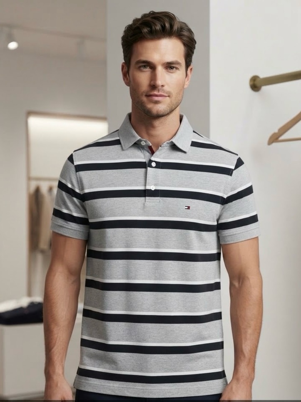 Tommy Hilfiger Men’s Light Gray & Black Striped Polo